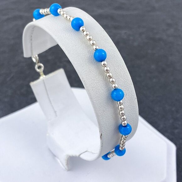 Blue Glass Bead Bracelet | Sterling Silver 925 | 90's Jewelry | 7" - Picture 2 of 7